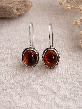 Amber Sterling Silver 925 Drop Earrings Oval Rope Bezel Dangle